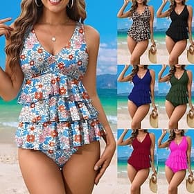 Per donna Costume da bagno con stampa floreale Costume da bagno a due pezzi Floreale Tinta unita Tropicale Scollo a V Controllo della Pancia Elastico Senza Man