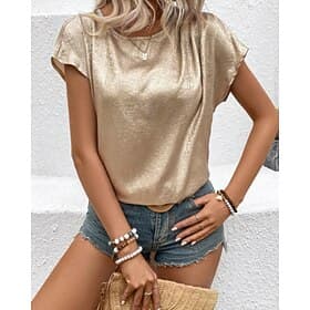 Women's Shirt Elegant Satin Top Blouse Plain Vintage Stylish Short Sleeve Crew Neck Regular Tops Holiday Going out Gold Summer Spring