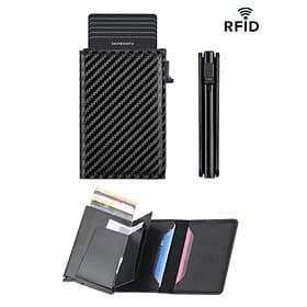 Carteira masculina com bloqueio RFID, padrão fibra de carbono, material sintético semelhante a couro, várias cores, elegante e durável, perfeita para uso diári