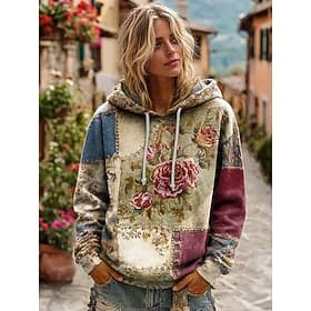 Women's 3D Print Vintage Boho Hoodie Patchwork Hoodie Sweatshirt Floral Pullover Sweatshirt Oversized Warm Active Hooded Street Dailywear Patchwork Black White
