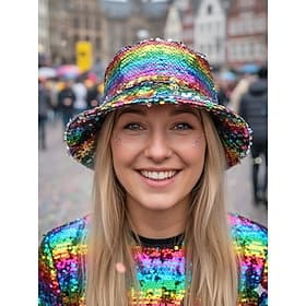 Women's Multi-Color Reversible Sequin Bucket Mardi Gras Hat - Shiny Disco Costume Accessory for Carnival, Rave Masquerade