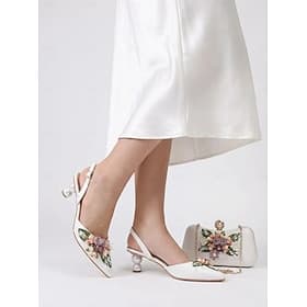 Vintage Floral-Embellished White Kitten Heel Shoes and Matching Clutch Bag Set for Women - Ideal for Weddings and Formal Occasions