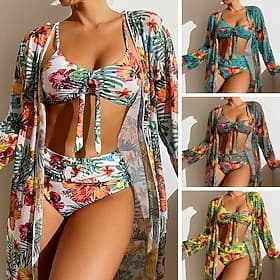 Womens Bikini 3 Pezzo Costume da Bagno Palma Briefs Slim Schiena Nuda Vacanza Mare Wear Floreale Foglie Scooped Neck Senza Maniche Costumi da Bagno
