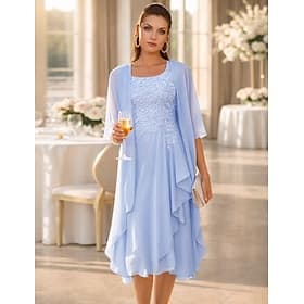 Two Piece A-Line Knee Length Wedding Guest Dress Mother of the Bride Dress Sleeveless Scoop Neck Elegant Wedding Guest Wedding Party Chiffon Lace Jacket Dresse
