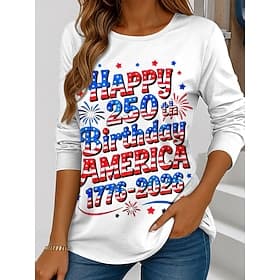 Independence Day American Anniversary Patriotic Women's T Shirt Graphic Flag Stylish Casual Long Sleeve Crew Neck Regular Tops Daily Print Blue White Red Summe