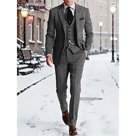 Homme Blazer gilet pantalon habillé Blazer Affaires Travail Mariage Mode Streetwear Automne Hiver Tergal Couleur Unie 3 Pièces Simple Boutonnage veste Noir C