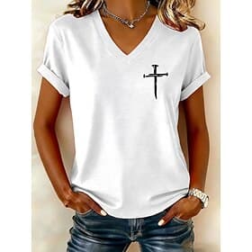 Damen T Shirt Druck Grafik Buchstabe Vintage Stilvoll Klassisch Kurzarm V Ausschnitt Normale Oberteile Täglich Schwarz Weiß Rote Herbst Winter