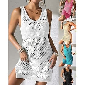 Women's Swimwear Cover Up Swim Dress Swimsuit Cut Out Vacation Beach Wear Solid Color U Neck Sleeveless Bathing Suits