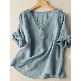 Women's Blouse Embroidered Solid Color Stylish Casual Half Sleeve V Neck Regular Tops Daily Blue Black White Pink Navy Blue Summer Spring