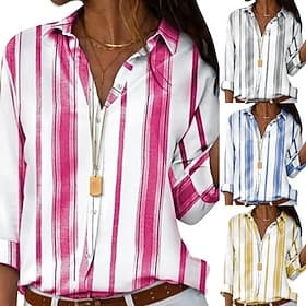 Women's Shirt Blouse Buttons Striped Vintage Stylish Long Sleeve Shirt Collar Regular Tops Daily Holiday Going out Blue Yellow Red Gray Summer Spring Fall