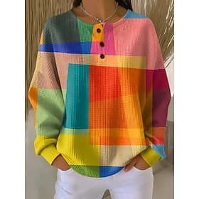 Women's Pullover Sweatshirt Buttons Graphic Geometric Fashion Casual Print Long Sleeve Crew Neck Regular Tops Casual Home Work Blue Red Orange Dark Blue Spring