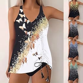 Bañador de tankini de 2 piezas para mujer ajustado control de abdomen cintura alta sin espalda ropa de playa para vacaciones ombre mariposa escote en V sin man