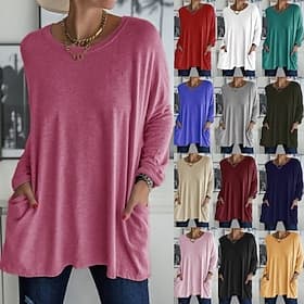 Femmes Tunique T-shirt Avec Poches Couleur Unie Uni Élégant Classique manche longue Col ras du cou Hauts Réguliers Quotidien Salle de sport Sports Bleu Rouge b