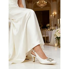 White Bridal Slingback Heels for Bride – Elegant Pointed Toe Wedding Shoes with Rhinestone Buckle