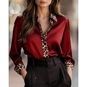Damen Hemd Elegant Satin-Top Bluse Gerafft Patchwork Knöpfe Leopard Einfach Elegant Vintage Damen Langarm Hemdkragen Normale Oberteile Täglich Arbeit Ferien Ro