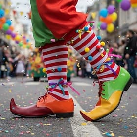 Men's Mardi Gras Colorful Clown Shoes with Multi-Color Panels and Red Laces, Fun Playful Style for Carnival and Clown Costumes