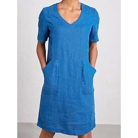 Robe Midi en Coton Lin pour Femmes Robe d'Été Décontractée Quotidienne Coupe Régulière Manches Courtes Col en V Bleu Noir Marron Vert Été Printemps
