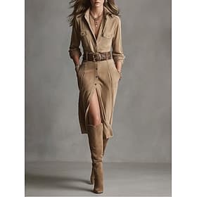 Per donna Abito Midi Tubino Vacanza Casual Boho Quotidiano Ferie Vestibilità regolare Semplice Manica Lunga Bavero Blu Rosso Marrone chiaro Marrone Primavera A