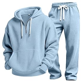 Men's Hoodie Tracksuit Waffle Hoodies Hoodie Pants Set Hoodie Daily Outdoor Vacation Daily Wear Drawstring Half Zip Plain Wine Red Navy Blue Purple Activewear