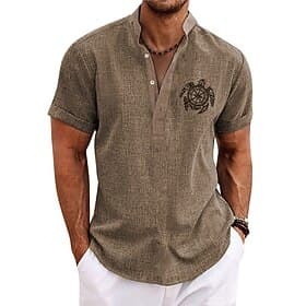 Men's Shirt Linen Shirt Beach Shirt Summer Hawaiian Shirt Turtle Outdoor Vacation Yellow Red Blue Green Short Sleeve Stand Collar Summer Spring Clothing Appare