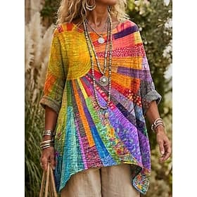 Women's Shirt Blouse Print Bohemia Vintage Daily 3/4 Length Sleeve Boat Neck Regular Tops Going out White Yellow Red Orange Green Summer Spring Fall