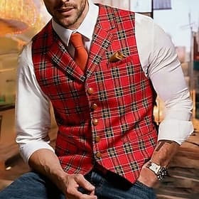 Homme Gilet Vacances Carnaval Soirée Mode Streetwear Printemps Automne Boutons Polyester Respirabilité Plaid Simple Boutonnage Col en V Coupe sur mesure Rouge