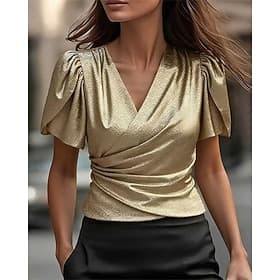 Femmes Chemise Elegant Haut en satin Hauts d'été Froncé Patchwork Asymétrique Uni Élégant ancien Dames Manche Courte Col en V Hauts Réguliers Quotidien Travail