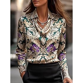 Women's Shirt Elegant Satin Top Silky Tops Print Draped Floral Graphic Elegant Stylish Casual Long Sleeve Cowl Neck Regular Tops Daily Work Holiday Purple Spri