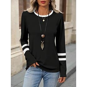 Women's T Shirt Print Graphic Striped Fashion Stylish Classic Long Sleeve Crew Neck Round Neck Regular Tops Daily Weekend Black Summer Spring Fall