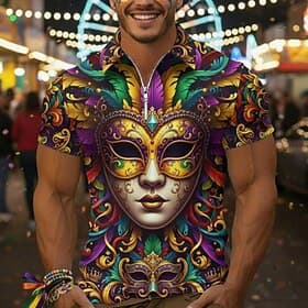 Homme Polo Polo quart de zip Quotidien Carnaval Zip quart Manche Courte Mode Basique Graphique Masque Impression 3D Été Printemps Coupe sur mesure Violet foncé