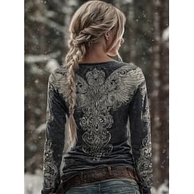 Mujer Camiseta Estampado Graphic Cosecha Bohemia Vintage Moda Manga Larga Cuello Barco Tops regulares Diario Fin de semana Gris Oscuro Primavera Otoño Invierno