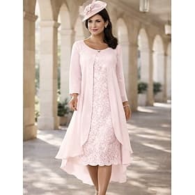 Two Piece A-Line Tea Length Wedding Guest Dress Mother of the Bride Dress Short Sleeve Jewel Neck Elegant Plus Size Wedding Guest Wedding Party Chiffon Lace Ja