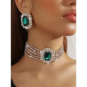 collana girocollo da donna con strass verde smeraldo set di orecchini, gioielli con cristalli color oro, stile glamour per le feste eventi serali