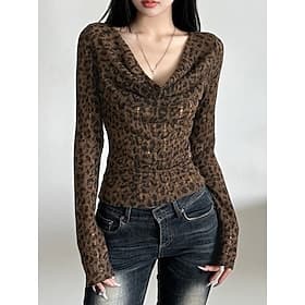 Women's Shirt Draped Leopard Elegant Long Sleeve Cowl Neck Asymmetrical Daily Holiday Brown Summer Spring Fall Winter