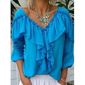 Women's Popover Shirt Casual Shirt Blouse Ruffle Solid Color Fashion Casual Long Sleeve V Neck Regular Tops Daily Beach Holiday Blue Black White Yellow Pink Su