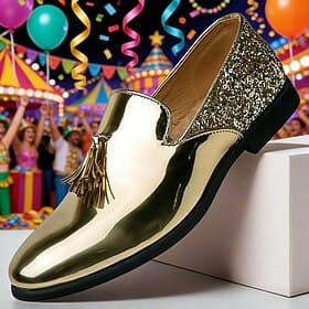 Men's Mardi Gras Gold and Glitter Slip-On Loafers – Sparkling Formal Shoes for Special Occasions, Parties and Carnival Celebrations