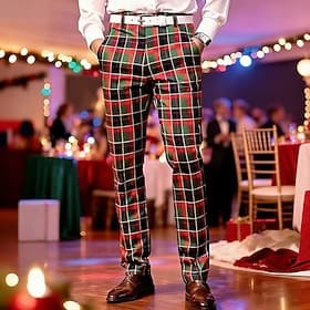 Herren Hose Anzughose Chinos Tasche Knöpfe Karomuster Komfort Täglich Geschäft Arbeit Mode Klassicher Stil Dunkelrot Rote Mikroelastisch