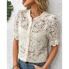Per donna Blusa Top in pizzo Pizzo Bottoni Semplice Vintage Elegante Manica Corta Girocollo Top Regolari Quotidiano Ferie Uscire Nero Bianco Albicocca Estate