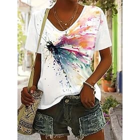 Damen T Shirt Druck Grafik Libelle Vintage Stilvoll Klassisch Kurzarm V Ausschnitt Normale Oberteile Täglich Blau Weiß Orange Sommer Frühling