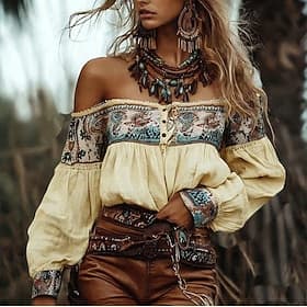 Women's Western Blouse Boho Shirt Blouse Print Flower Modern Boho Long Sleeve Off Shoulder Regular Tops Daily Going out Apricot Summer