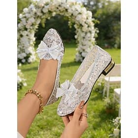 Women's Silver Lace Flats with Bow Detail – Elegant and Comfortable Wedding Guest Shoes for Garden, Lawn and Outdoor Weddings