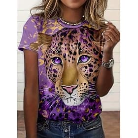 Femmes T-shirt Imprimé Graphique Animal Léopard ancien Élégant Classique Manche Courte Col ras du cou Hauts Réguliers Quotidien Week-end Bleu Noir Rouge Violet