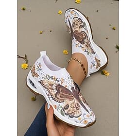 Women's Vibrant Butterfly Print Slip-On Sneakers with Air Cushion - Breathable Knit Walking Shoes for Light Exercise and Casual Outings