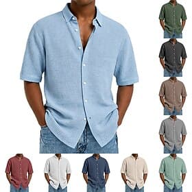 Voor heren Overhemd Wafel Shirt Textuur Normaal shirt Overhemd met knopen Wijn Marineblauw Korte mouw Effen Revers Dagelijks Streetwear Kleding Modieus Modern