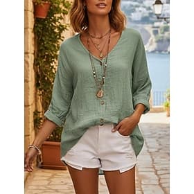 Mujer Camisa Camisa casual Blusa Botones Plano Bohemia Elegante Casual Manga Larga Escote en Pico Tops regulares Diario Festivos Noche Azul Piscina Rosa Morado
