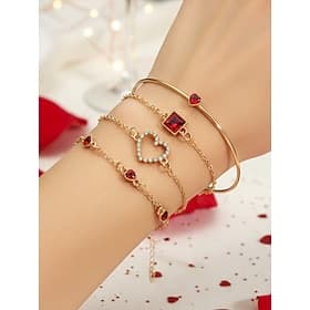 Women's Heart Charm Layered Bracelet Set, Multi-Color Alloy Rhinestone Chain Bangles, Elegant Romantic Jewelry for Women, Perfect for Valentine's Day, Casual W