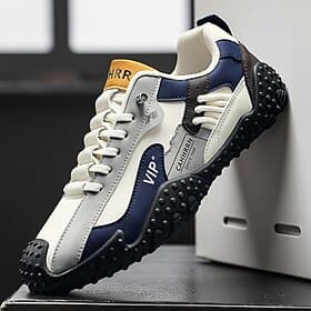 Men's White and Blue Sport Sneakers, Breathable Mesh Panels, Cushioned Grip Sole, Casual Athletic Style for Walking Travel
