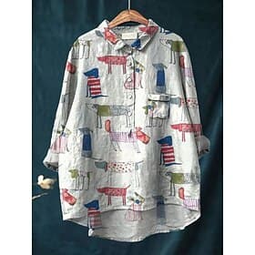 Women's Blouse Linen Like Breathable Lightweight Graphic Geometric Active Vintage Daily Long Sleeve Shirt Collar Regular Tops Daily Buttons Light Grey Summer S