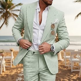Trajes de boda de playa de negocios para hombres en seersucker con solapa de pico rosa azul cielo ligeros a rayas ajuste a medida 2 piezas de un solo boton dos