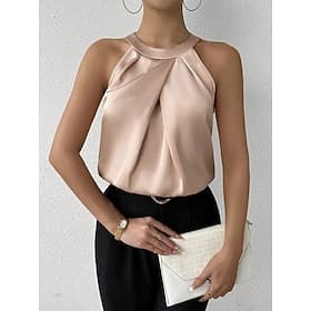 Femmes Elegant Haut en satin Chemise en satin Chemise à col camp Froncé Couleur Unie Élégant Basique Occasionnel Sans manches Col Halter Hauts Réguliers Quotid